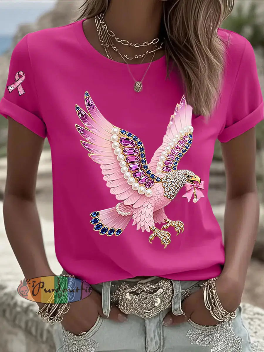 Women’s Pink Ribbon Print Casual T shirt Rose Red / S