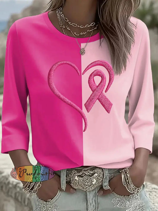 Women’s Pink Ribbon Print Casual T shirt Pink / S