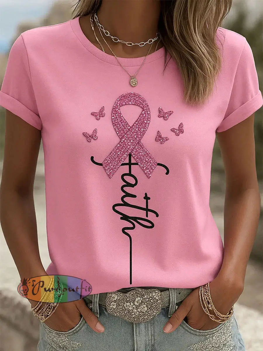 Women’s Pink Ribbon Print Casual T shirt Pink / S