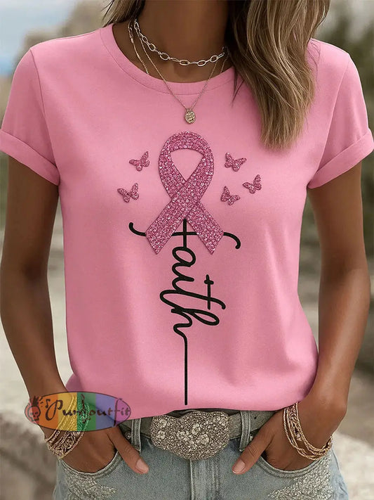 Women’s Pink Ribbon Print Casual T shirt Pink / S