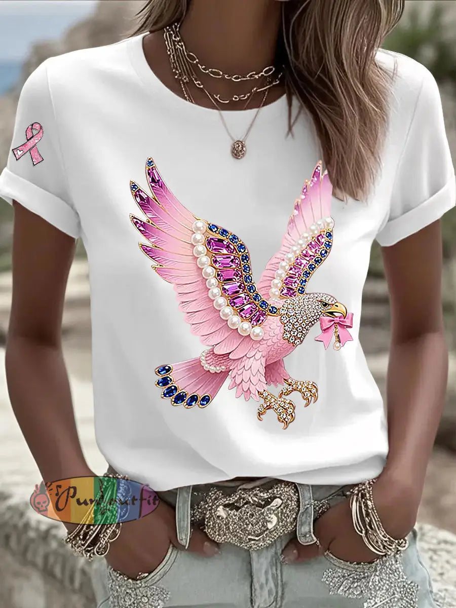 Women’s Pink Ribbon Print Casual T shirt White / S