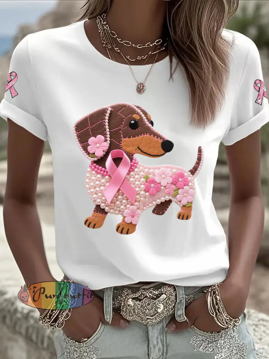 Women’s Pink Ribbon Print Casual T shirt White / S
