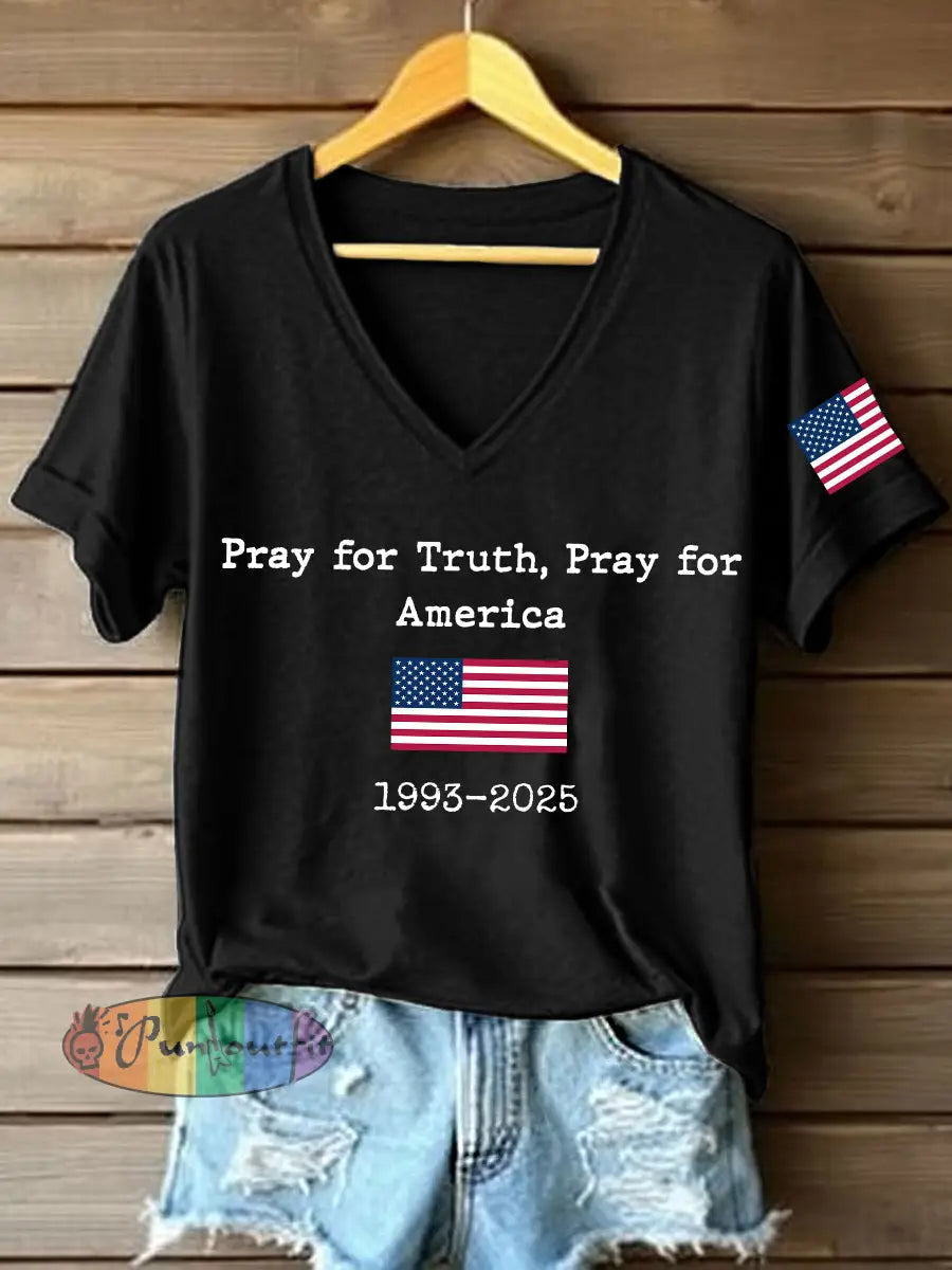 Women’s Pray For Truth Pray For America Print V-Neck T-Shirt Black / S