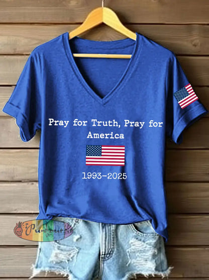 Women’s Pray For Truth Pray For America Print V-Neck T-Shirt Blue / S
