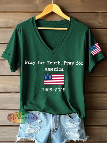 Women’s Pray For Truth Pray For America Print V-Neck T-Shirt Dark Green / S