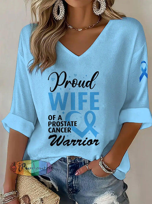 Women’s Prostate Cancer Awareness Wife V Neck Top Light Blue / S