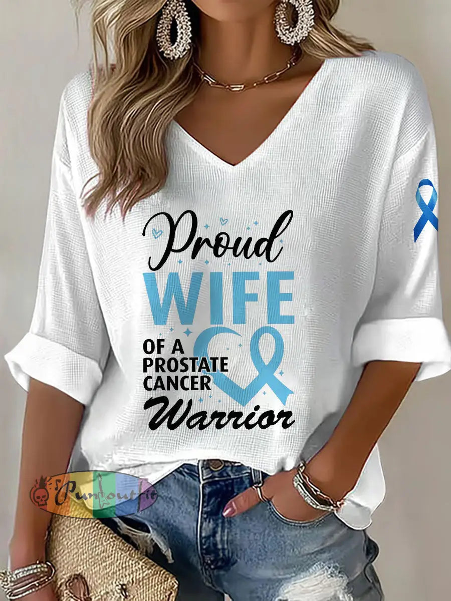 Women’s Prostate Cancer Awareness Wife V Neck Top White / S