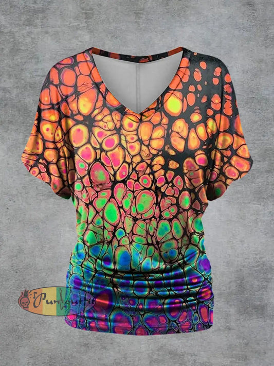 Women’s Psychedelic Print V-Neck Short Sleeve Casual T-Shirt Multicolour / S