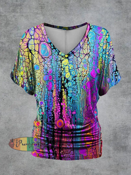Women’s Psychedelic Print V-Neck Short Sleeve Casual T-Shirt Multicolour / S