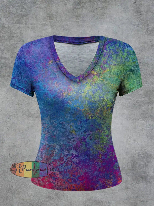 Women’s Psychedelic Printed Vintage Fashion Loose V-Neck Short Sleeve T-Shirt Multicolour / S