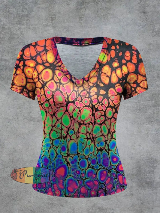 Women’s Psychedelic Printed Vintage Fashion Loose V-Neck Short Sleeve T-Shirt Multicolour / S