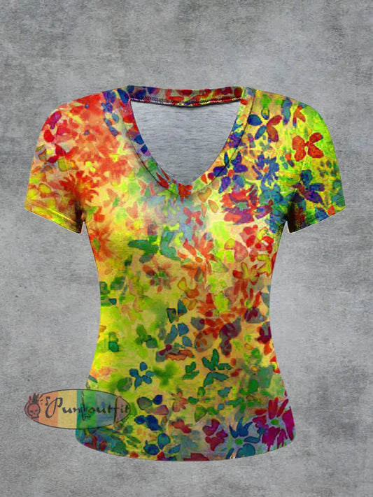 Women’s Psychedelic Printed Vintage Fashion Loose V-Neck Short Sleeve T-Shirt Multicolour / S