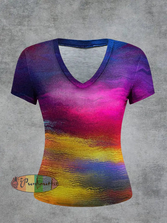 Women’s Psychedelic Printed Vintage Fashion Loose V-Neck Short Sleeve T-Shirt Multicolour / S