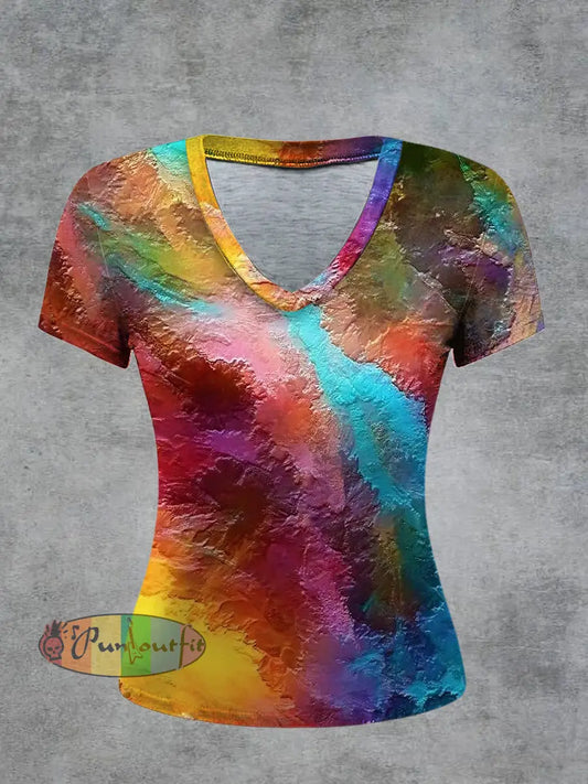 Women’s Psychedelic Printed Vintage Fashion Loose V-Neck Short Sleeve T-Shirt Multicolour / S