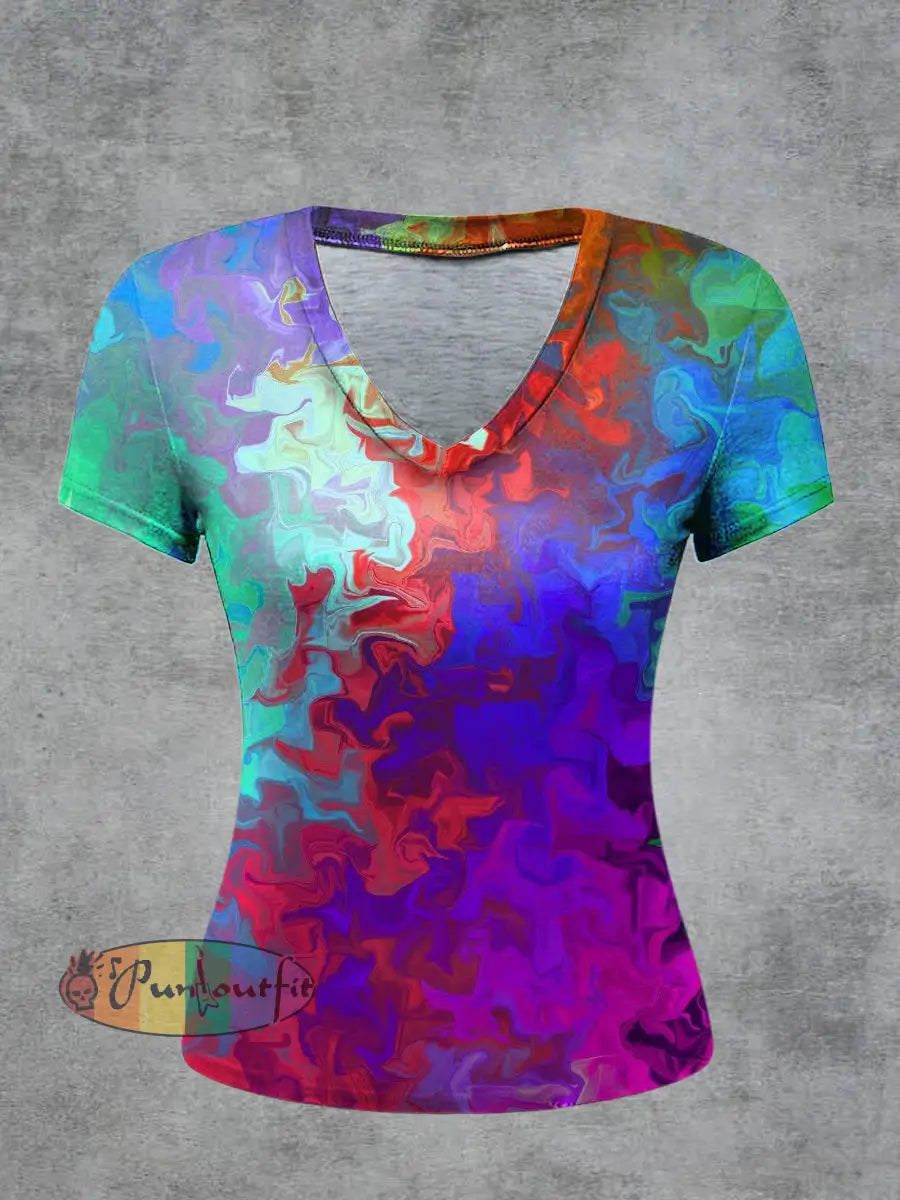 Women’s Psychedelic Printed Vintage Fashion Loose V-Neck Short Sleeve T-Shirt Multicolour / S