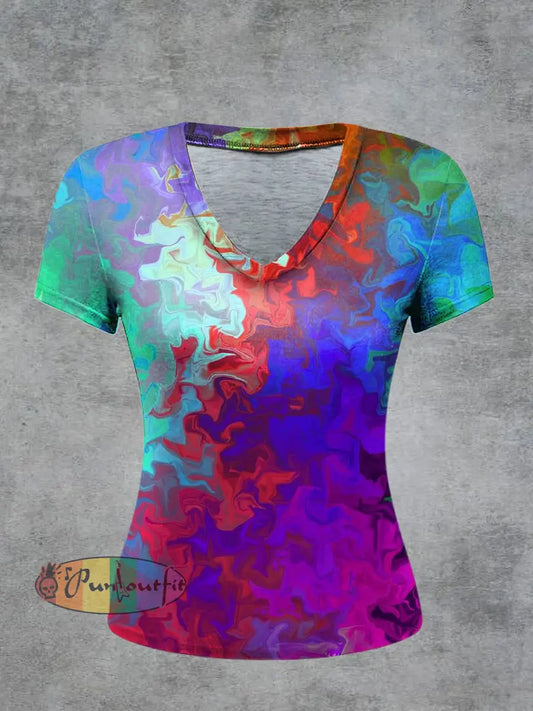 Women’s Psychedelic Printed Vintage Fashion Loose V-Neck Short Sleeve T-Shirt Multicolour / S