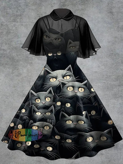 Women’s Punk Cat Print Suspender Dress Tulle Shawl Two-Piece Set Gray / S