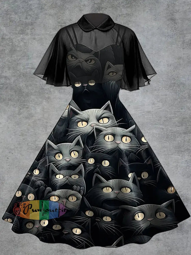 Women’s Punk Cat Print Suspender Dress Tulle Shawl Two-Piece Set Gray / S