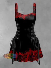 Women’s Punk Creative Gradient Red Skulls Print Strappy Sleeveless Mini Dress / S