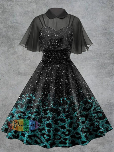 Women’s Punk Gradient Leopard Print Suspender Dress Tulle Shawl Two-Piece Set Lake Green / S