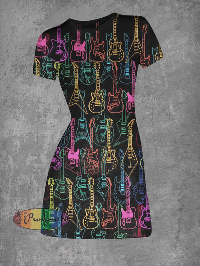 Women’s Punk Guitar Abstract Print Casual Mini Dress Colorful / S