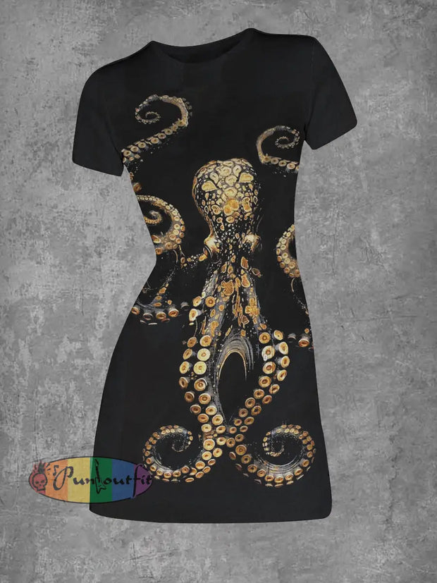 Women’s Punk Octopus Abstract Print Casual Mini Dress Black / S