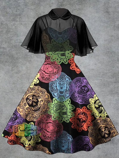 Women’s Punk Skull Floral Print Suspender Dress Tulle Shawl Two-Piece Set Colorful / S
