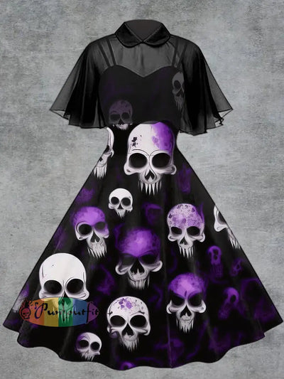 Women’s Punk Skull Print Suspender Dress Tulle Shawl Two-Piece Set Purple / S