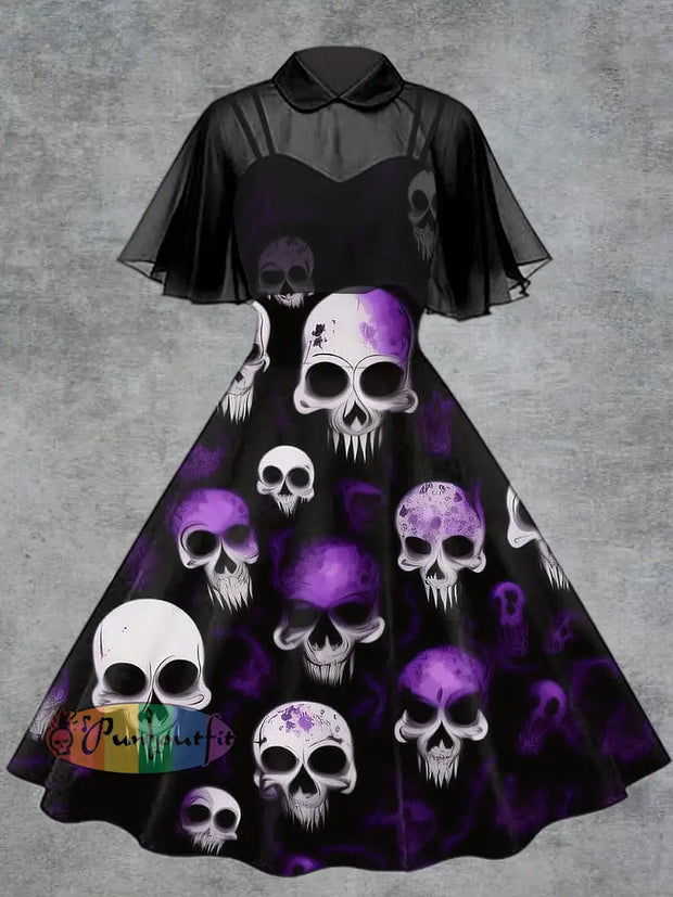 Women’s Punk Skull Print Suspender Dress Tulle Shawl Two-Piece Set Purple / S