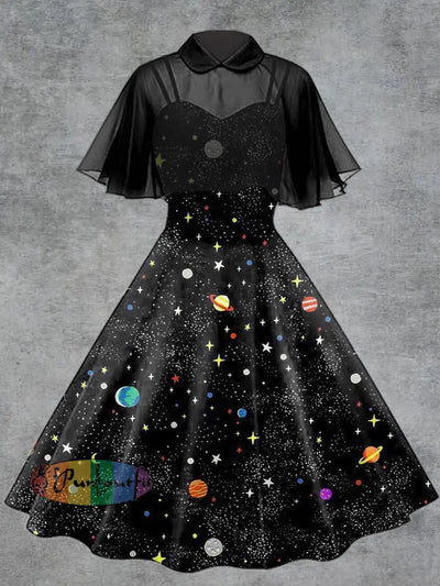 Women’s Punk Starlit Sky Print Suspender Dress Tulle Shawl Two-Piece Set Black / S