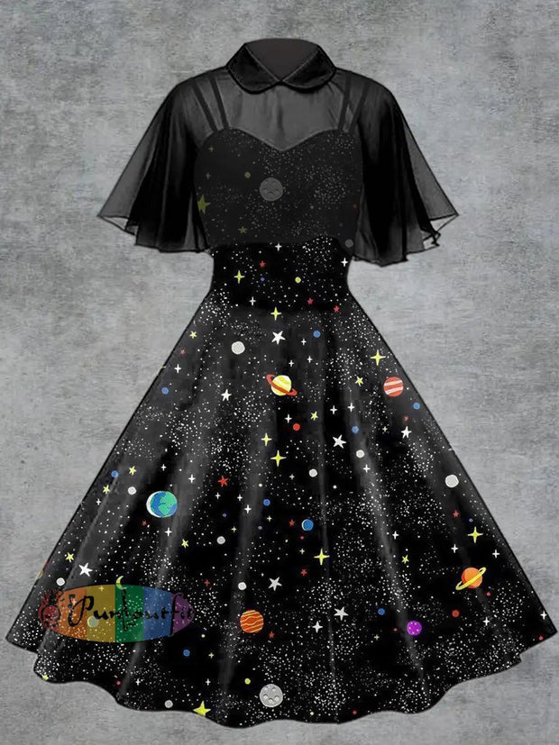 Women’s Punk Starlit Sky Print Suspender Dress Tulle Shawl Two-Piece Set Black / S