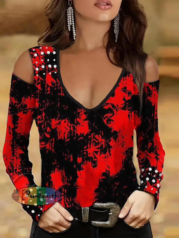 Women’s Punk Style Blood Print Studded V-Neck Top Red / S