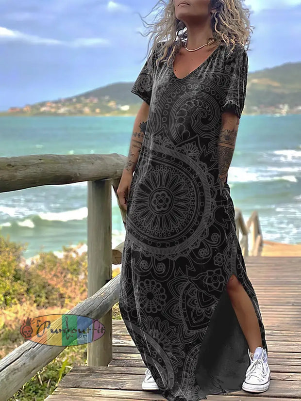 Women’s Punk Style Cashew Flowers Print Design Short Sleeve Maxi Dress Black / S