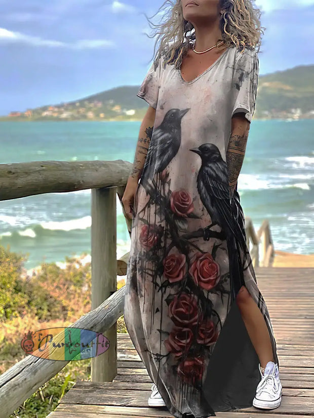 Women’s Punk Style Crows Print Design Short Sleeve Maxi Dress Colorful / S