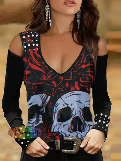 Women’s Punk Style Floral And Skull Print Studded V-Neck Top Black / S