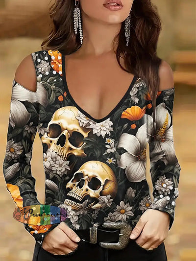 Women’s Punk Style Floral And Skull Print Studded V-Neck Top Colorful / S