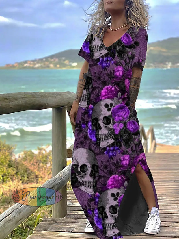 Women’s Punk Style Floral Skull Print Design Short Sleeve Maxi Dress Colorful / S