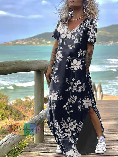 Women’s Punk Style Flowers Print Design Short Sleeve Maxi Dress Colorful / S