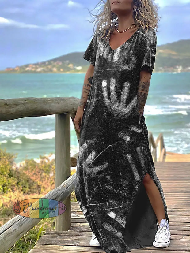 Women’s Punk Style Horror Hands Print Design Short Sleeve Maxi Dress Black / S