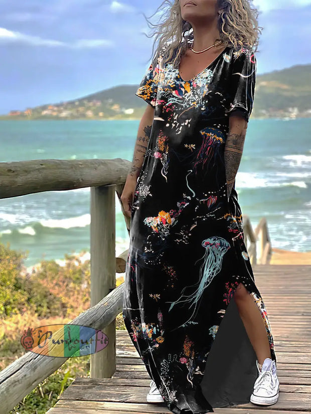 Women’s Punk Style Jellyfish Print Design Short Sleeve Maxi Dress Black / S