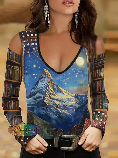 Women’s Punk Style Landview Print Studded V-Neck Top Colorful / S