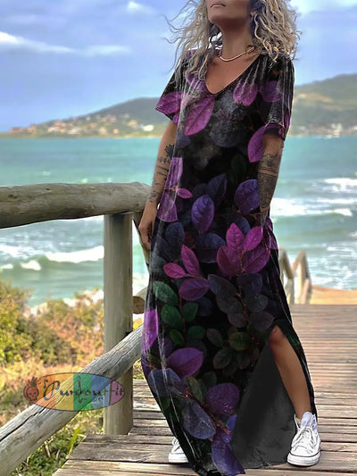 Women’s Punk Style Leaf Print Design Short Sleeve Maxi Dress Colorful / S