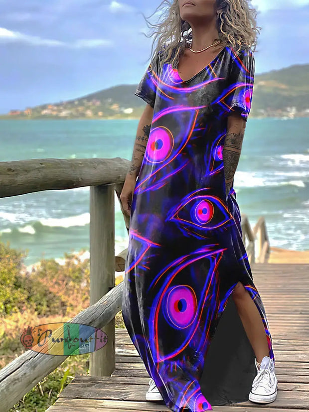 Women’s Punk Style Magic Eyes Print Design Short Sleeve Maxi Dress Purple / S