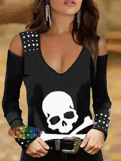 Women’s Punk Style Pirate Print Studded V-Neck Top Black / S