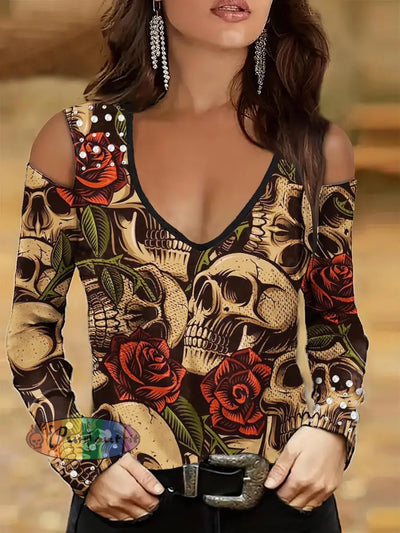 Women’s Punk Style Rose And Skulls Print Studded V-Neck Top Colorful / S