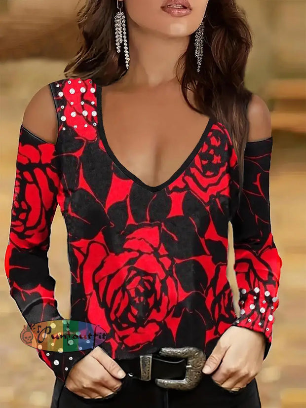 Women’s Punk Style Rose Print Studded V-Neck Top Red / S