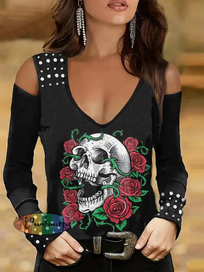 Women’s Punk Style Rose Skull Print Studded V-Neck Top Black / S