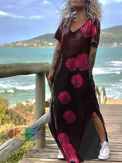 Women’s Punk Style Roses Print Design Short Sleeve Maxi Dress Red / S