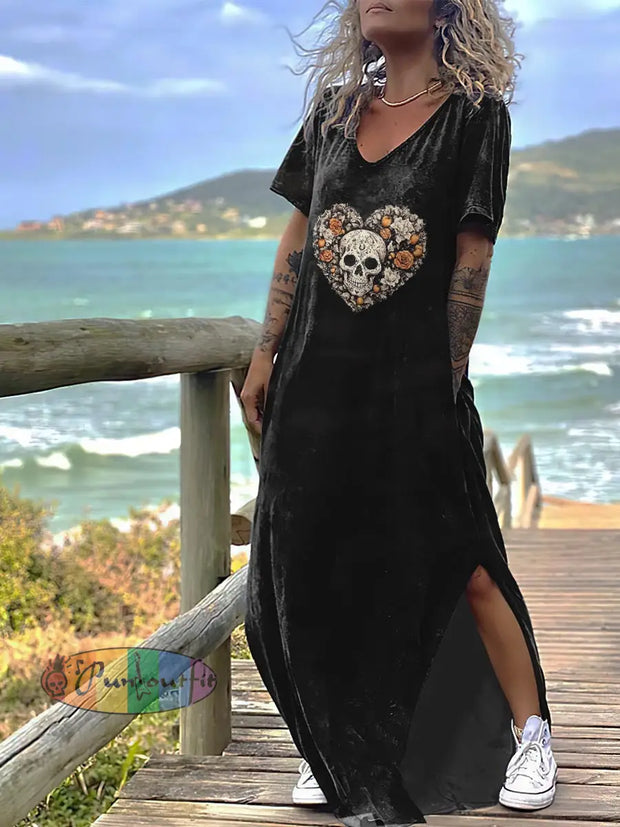 Women’s Punk Style Skull And Flowers Heart Print Design Short Sleeve Maxi Dress Black / S