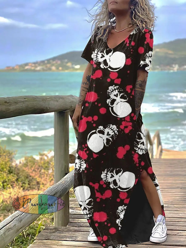 Women’s Punk Style Skull And Polk Print Design Short Sleeve Maxi Dress Colorful / S